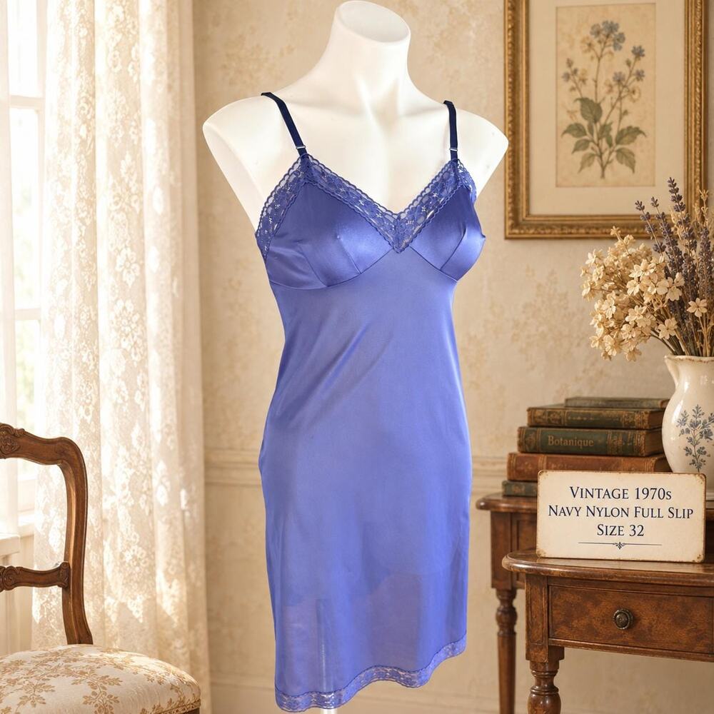 Vintage Navy Nylon Full Slip 1970s Lace Trim Sheer Lingerie Size 32